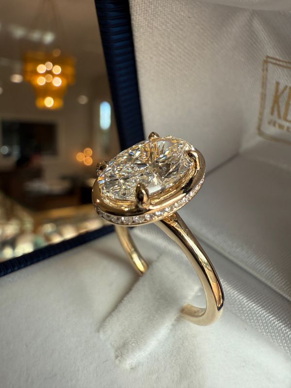 14k Yellow Mock Bezel Set 3ct Lab Grown Solitaire Engagement Ring with Channel set Round Diamonds in Hidden Halo .22ctw dia