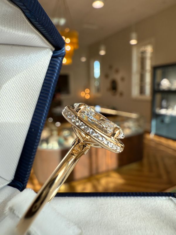 14k Yellow Mock Bezel Set 3ct Lab Grown Solitaire Engagement Ring with Channel set Round Diamonds in Hidden Halo .22ctw dia