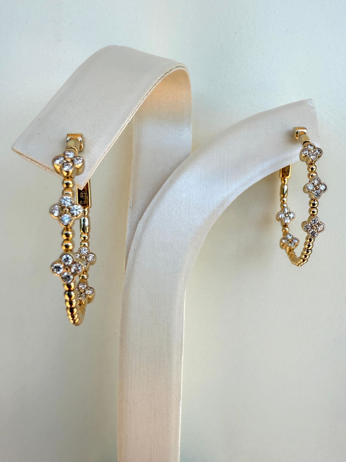 14K Yellow Gold Inside Out Diamond Clover Flex Beaded Hoop Earrings .51ctw