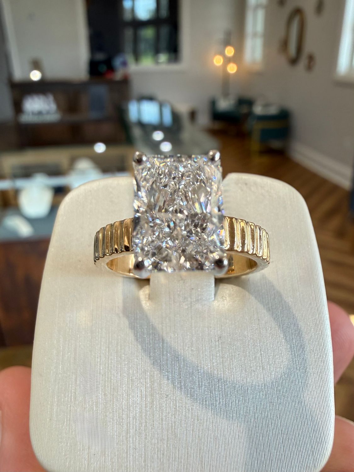 14K Yellow Gold 2.85ct Radiant Lab Grown Diamond Engagement Ring with 3.5mm Ridged Band with 14k White 4 prong head