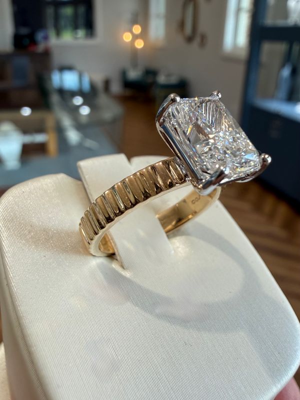 14K Yellow Gold 2.85ct Radiant Lab Grown Diamond Engagement Ring with 3.5mm Ridged Band with 14k White 4 prong head