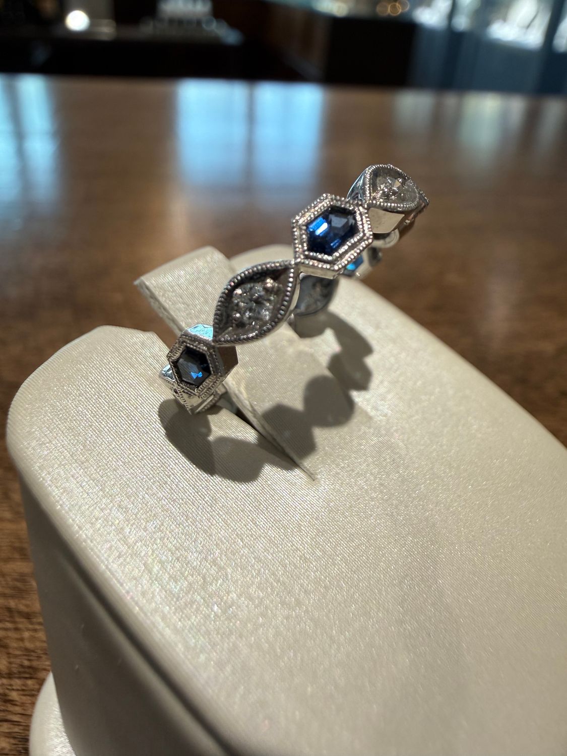 14k White Gold Sapphire and Diamond Vintage Style Stackable Ring /Sap:0.51ct Dia:0.10ct