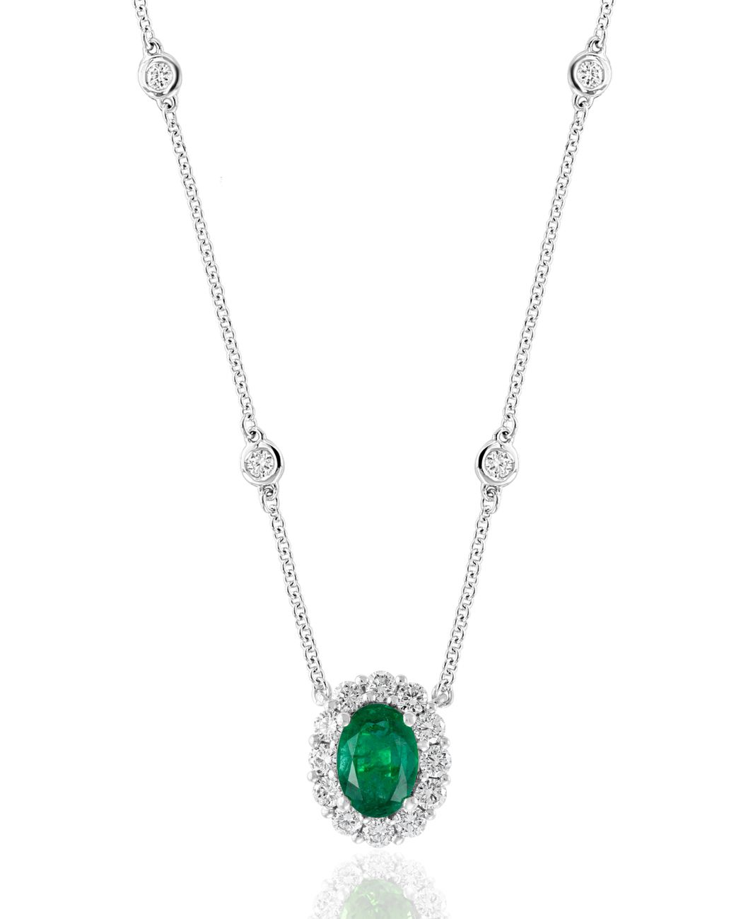 18k White Gold Oval Shape Emarld Pendant Necklace With Diamond Halo and Diamond Stations 16" Em:0.68ct Dia:0.48ctw