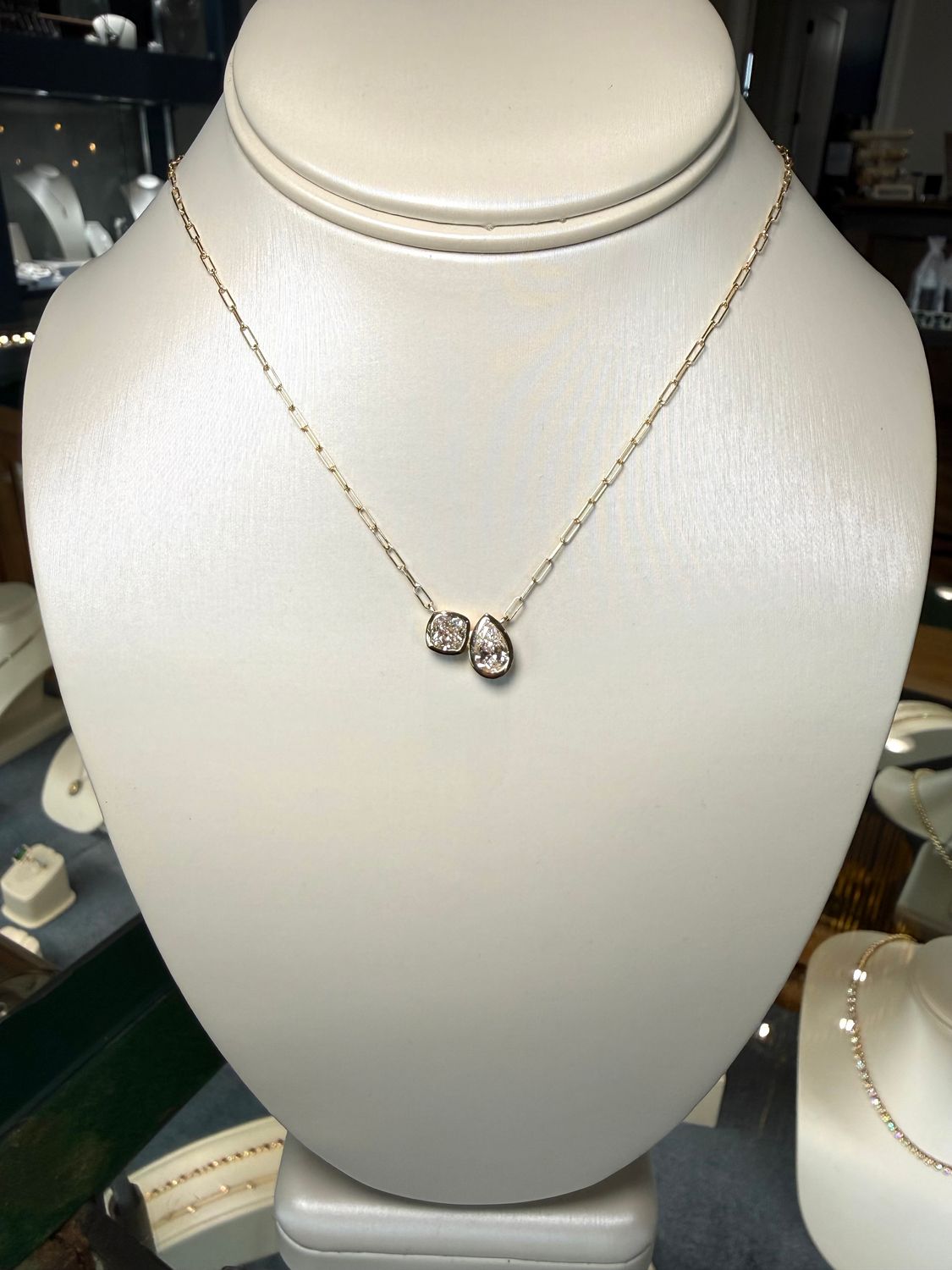 14k Yellow Gold 1ct Pear Shape Lab and 1ct Cushion Cut Lab Grown Diamond Bezel Set Pendant on Paperclip Chain 18" 2ctw