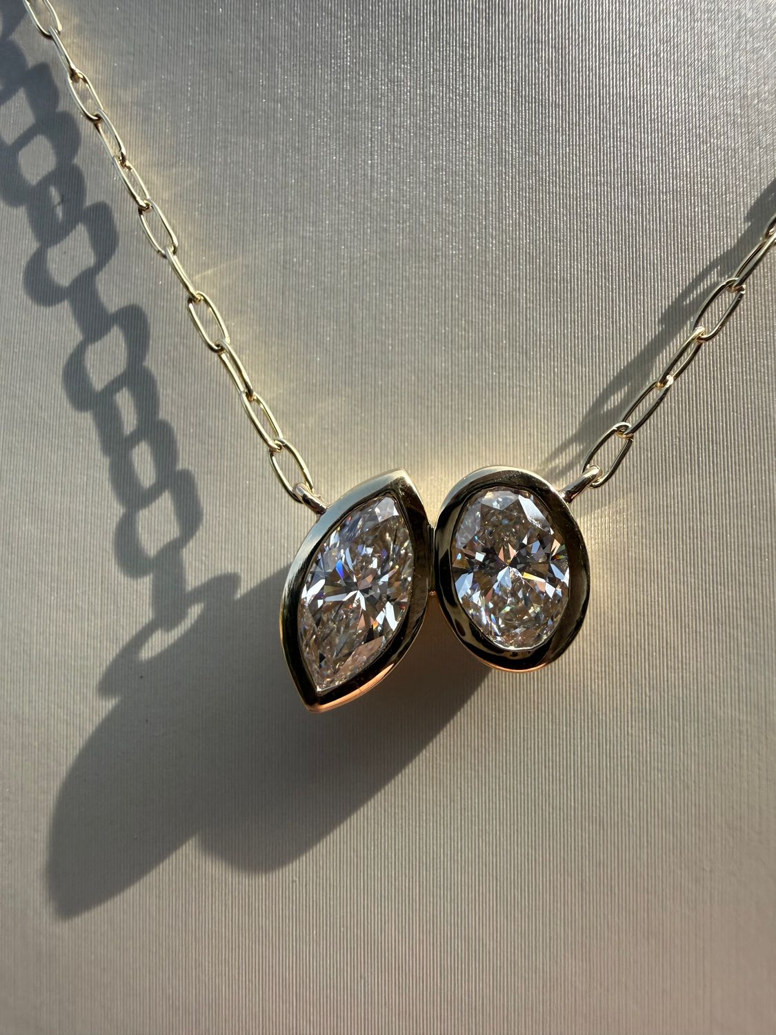 14k Custom Dual Bezel Set Marquise and Oval 1 ct each Lab Diamond Pendant on 18" Paperclip chain. 2ctw