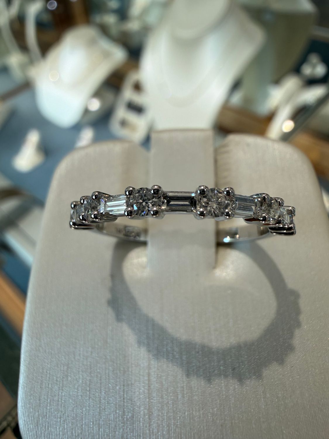 14k White Gold Band .43 ctw round and baguette diamond