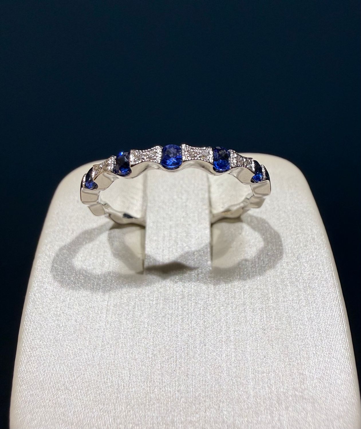 14k White Gold Band with Alternating Sapphire and Diamonds with Milgrain accents.Dia: .02ctw  Sap:.28ctw