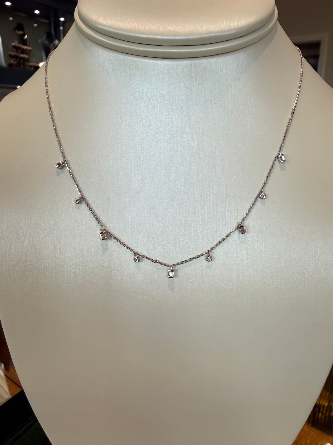 14k White Gold Necklace with .13ctw Diamonds Round and Baguette