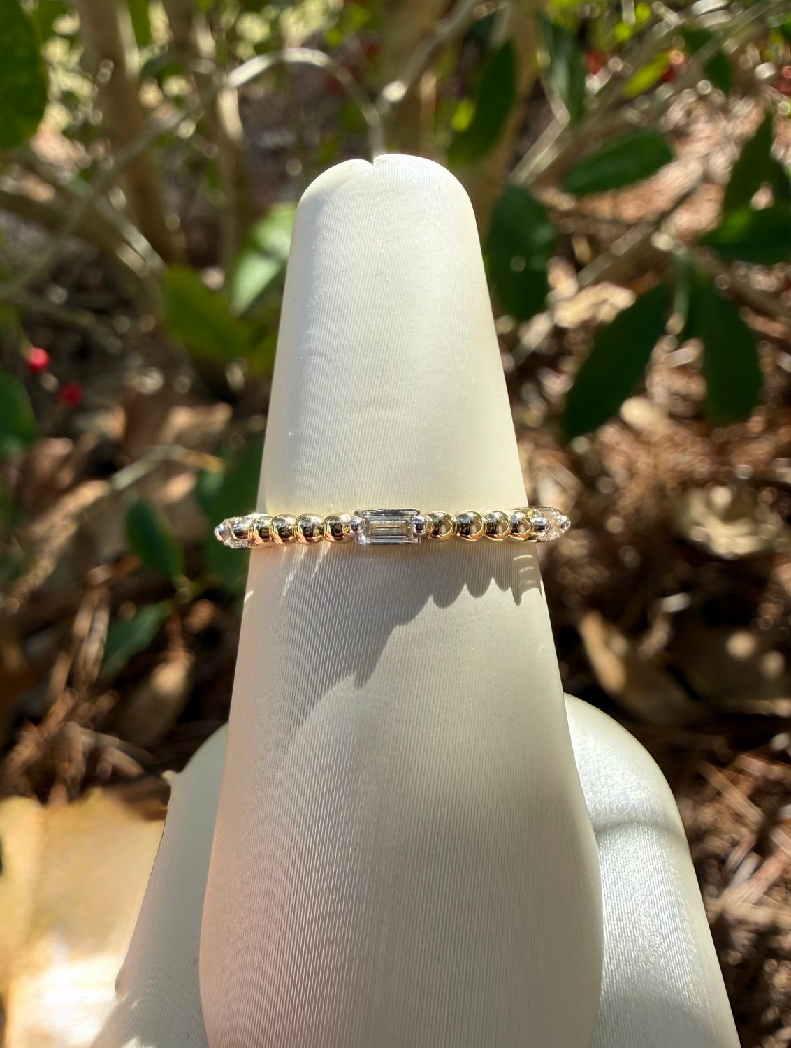 14k Yellow Gold Beaded Band with .16ctw Diamond Baguettes