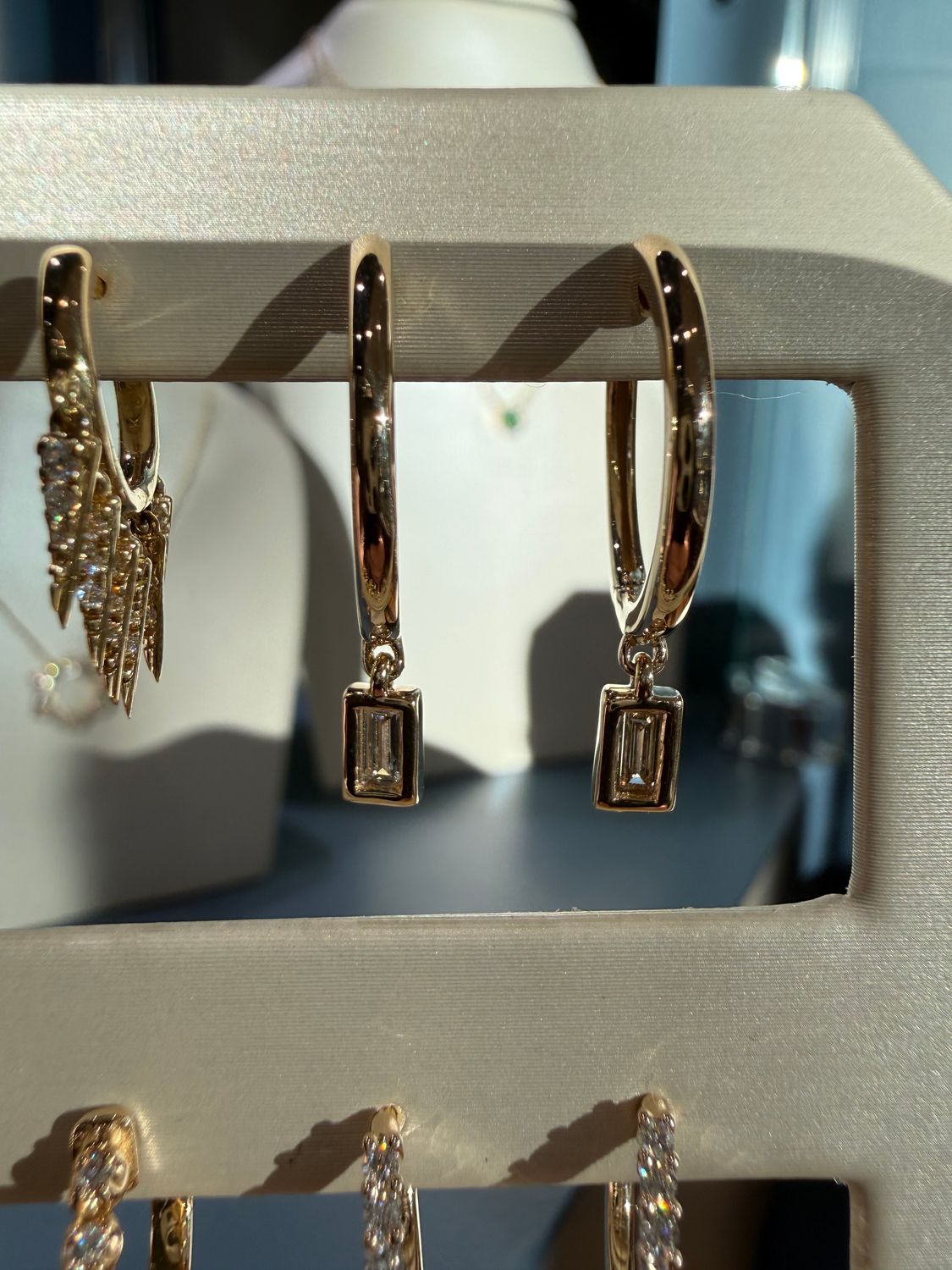 14k Yellow Gold Hoop Earrings with Bezel set Emerald Cut Diamond Dangle 1/8ctw