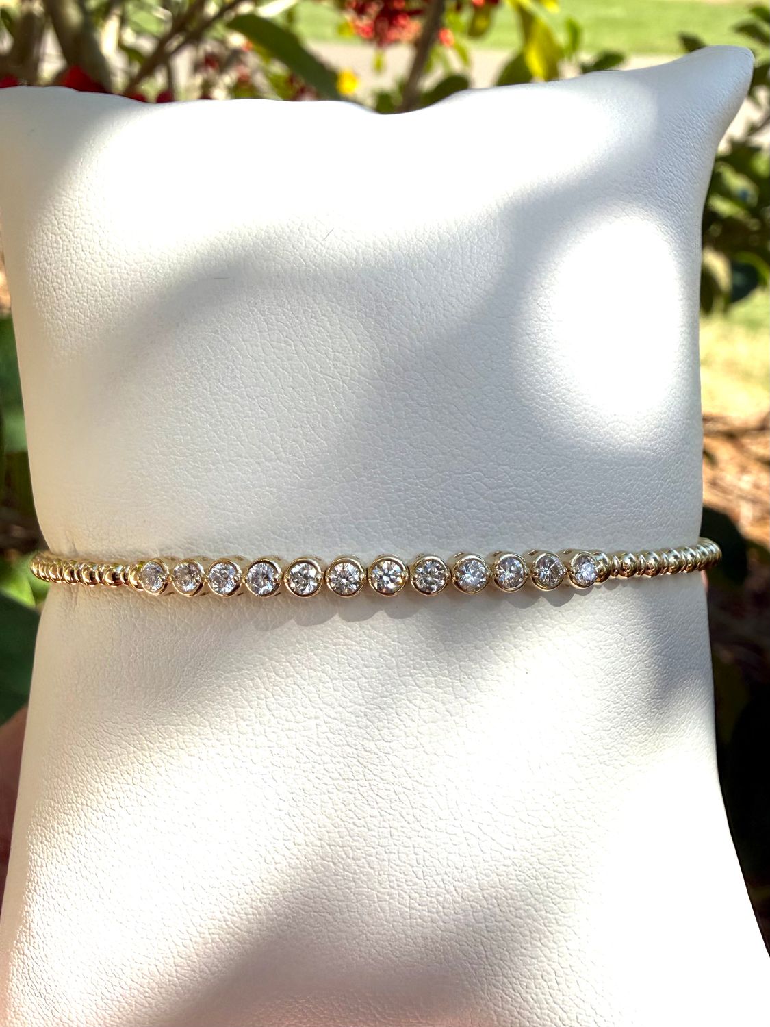 14k Yellow Gold Flex Bangle Beaded with Bezel set Diamonds .43CTW