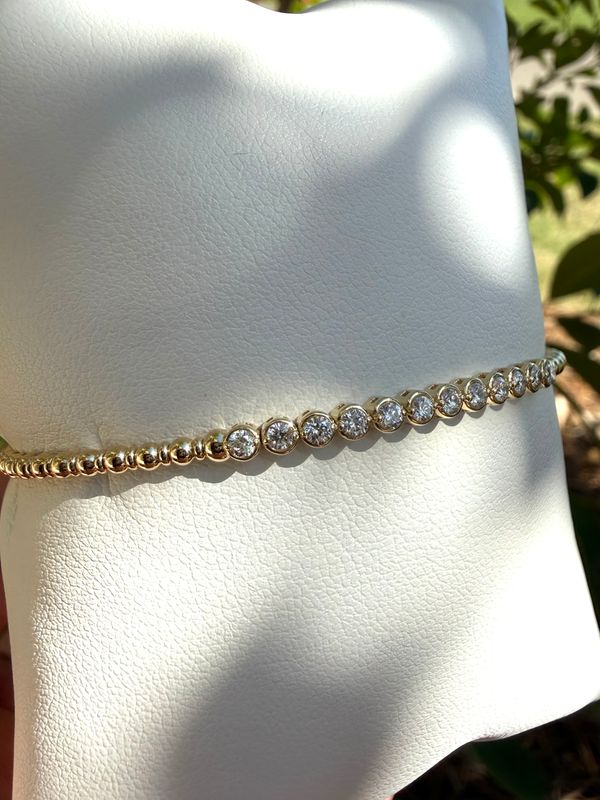 14k Yellow Gold Flex Bangle Beaded with Bezel set Diamonds .43CTW