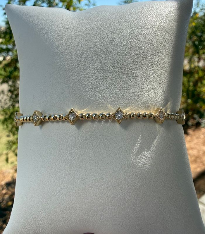 14K Yellow Gold Flex Bangle Beaded with Diamond Stations set with Diamonds .35ctw