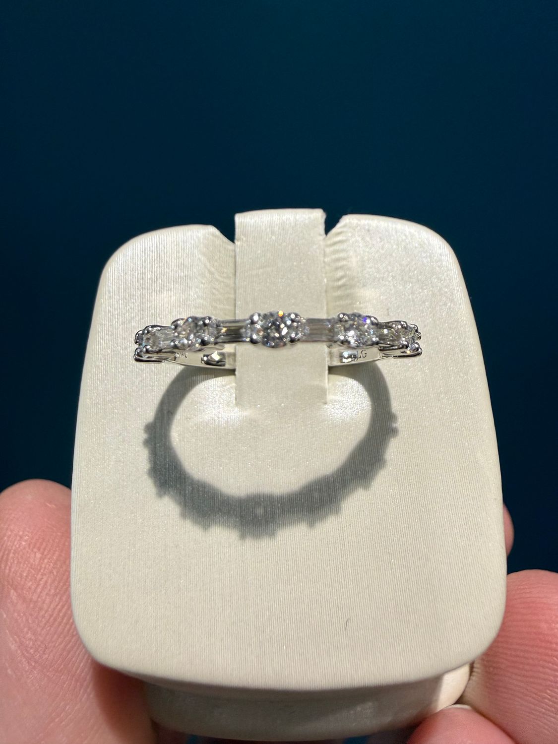 14k White Gold Lab Grown Round Diamond and Baguette alternating Wedding Band. 3/8ctw