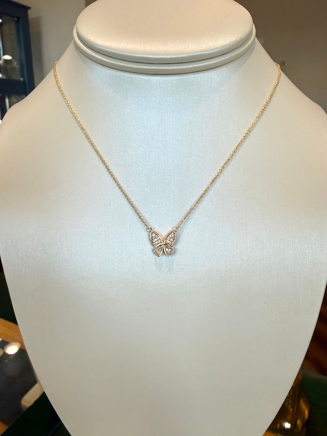 10K Yellow Gold Diamond Butterfly Pendant .08ctw 18-16" Adj Chain