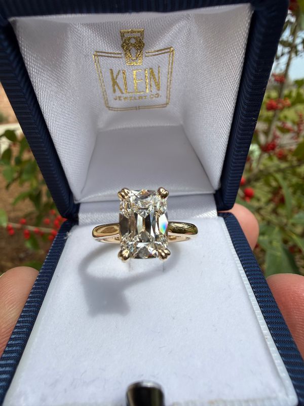 14k Yellow 2.78 Ct Antique Cut Elongated Cushion Lab Grown Diamond Custom Made Engagement Ring with Cathedral Shank