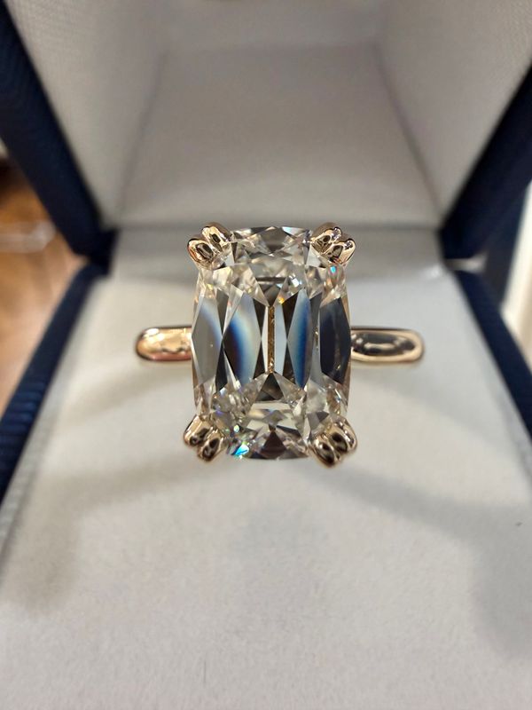 14k Yellow 2.83 Ct E VVS2 Old Mine Cut Elongated Cushion Brilliant Lab Grown Diamond Custom Made Engagement Ring with Cathedral Shank