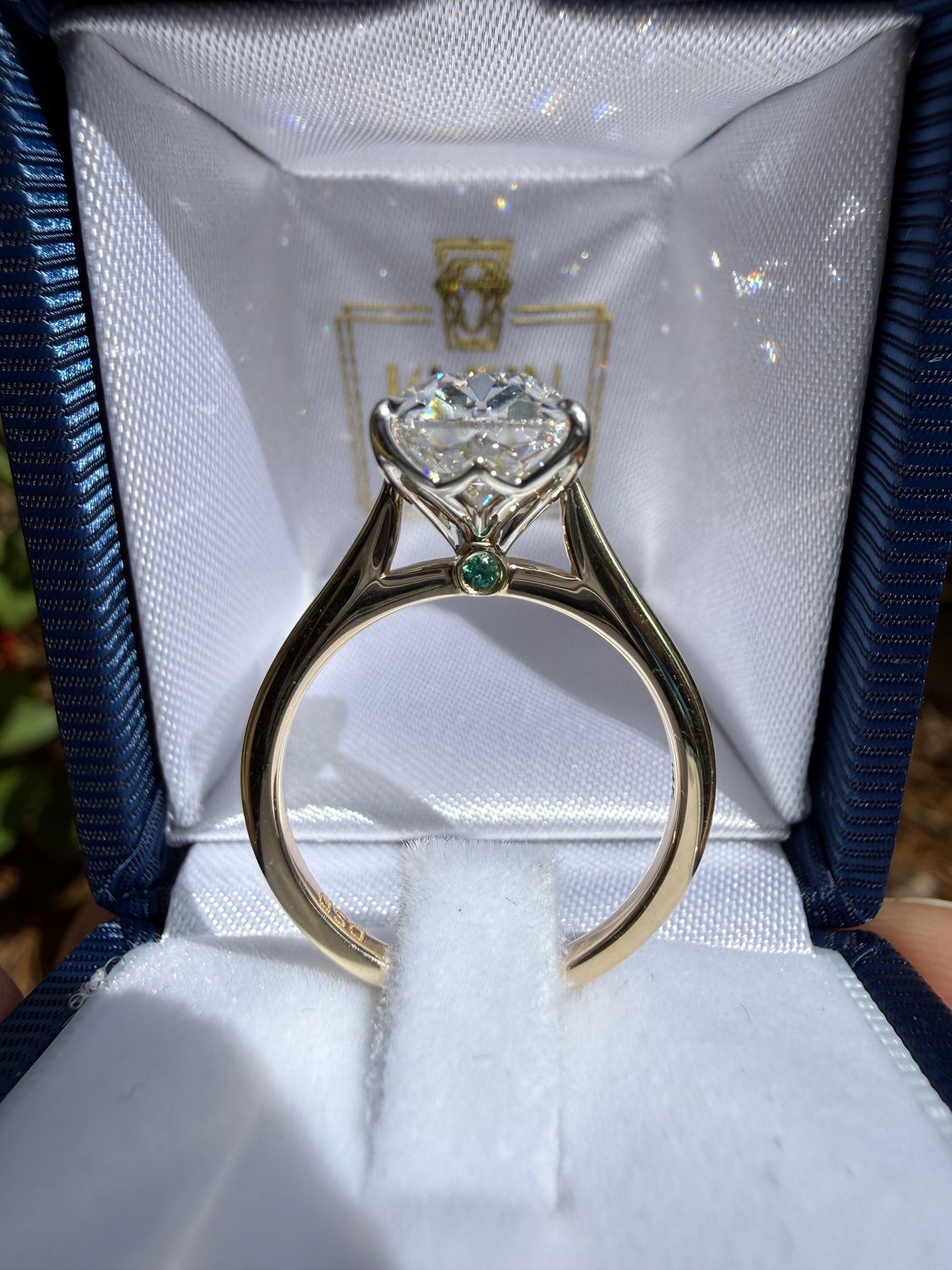 14k Yellow Gold 4 ct Elongated Cushion Antique Cut Lab Diamond Engagement ring With Cathedral Shank, Tulip Style Mounting And Lab Emerald Accent