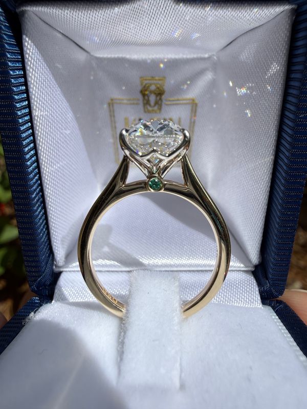 14k Yellow Gold 4 ct Elongated Cushion Antique Cut Lab Diamond Engagement ring With Cathedral Shank, Tulip Style Mounting And Lab Emerald Accent