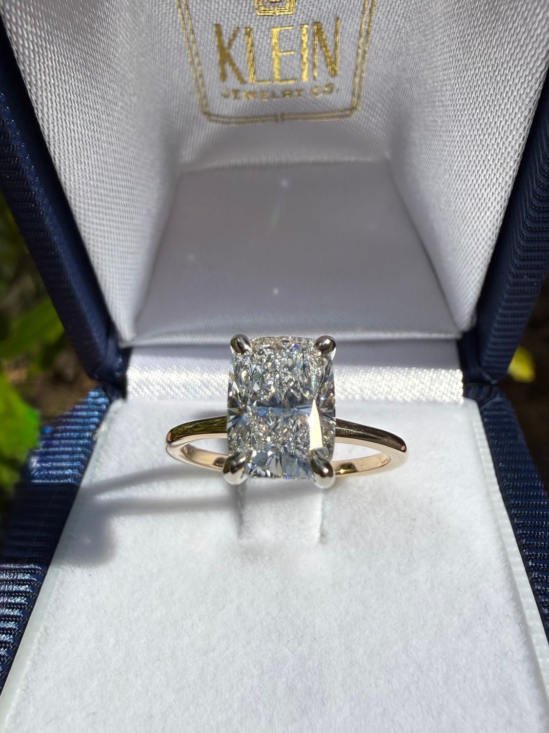 14k Yellow/White Gold 2.1 Ct Elongated Cushion Lab Diamond Solitare with Hidden Halo .06ct  2.16ctw