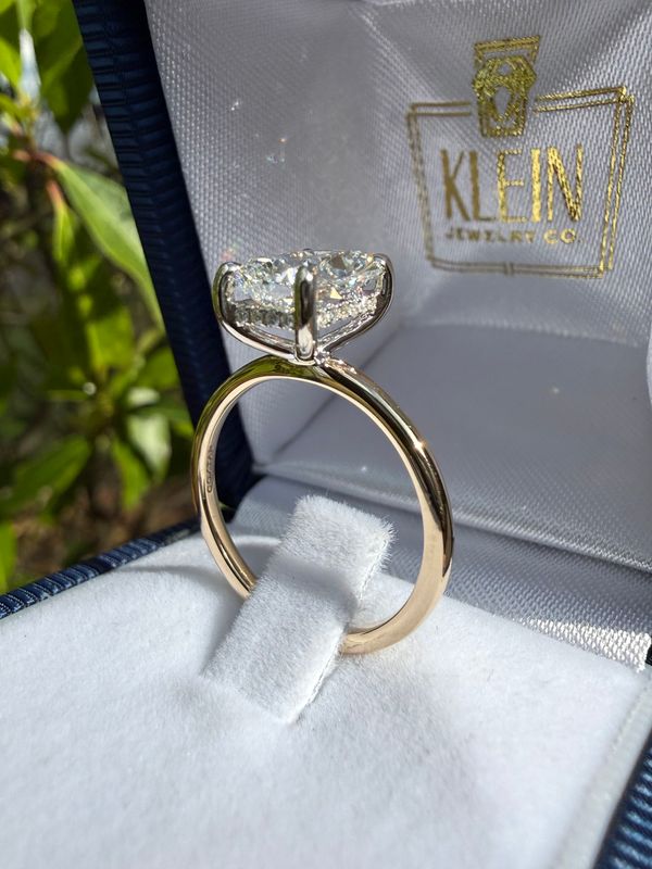 14k Yellow/White Gold 2.1 Ct Elongated Cushion Lab Diamond Solitare with Hidden Halo .06ct  2.16ctw