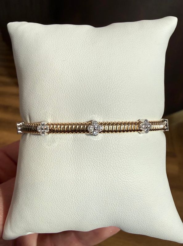 14k Yellow/White Gold Omega Style Diamond Clover Flex Bangle .38ctw