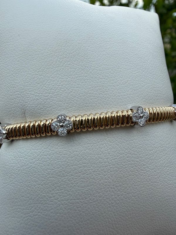 14k Yellow/White Gold Omega Style Diamond Clover Flex Bangle .38ctw