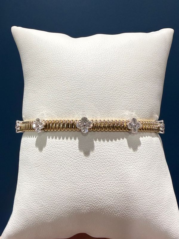 14k Yellow/White Gold Omega Style Diamond Clover Flex Bangle .60ctw