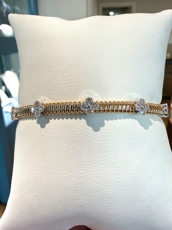 14k Yellow/White Gold Omega Style Diamond Clover Flex Bangle .60ctw