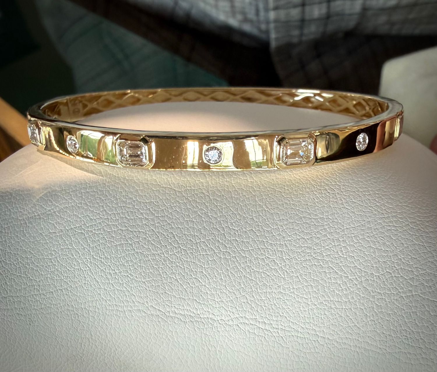 18k Yellow Gold Emerald Cut and Round Bezel Set Diamond Bangle .71ctw