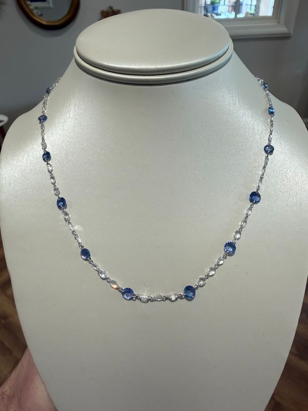 Platinum Rose Cut Diamond and Rose Cut Sapphire Necklace 18" Adj.  Dia:2.88ctw Sapp:5.45ctw  58 Dia, 17 Sapphires
