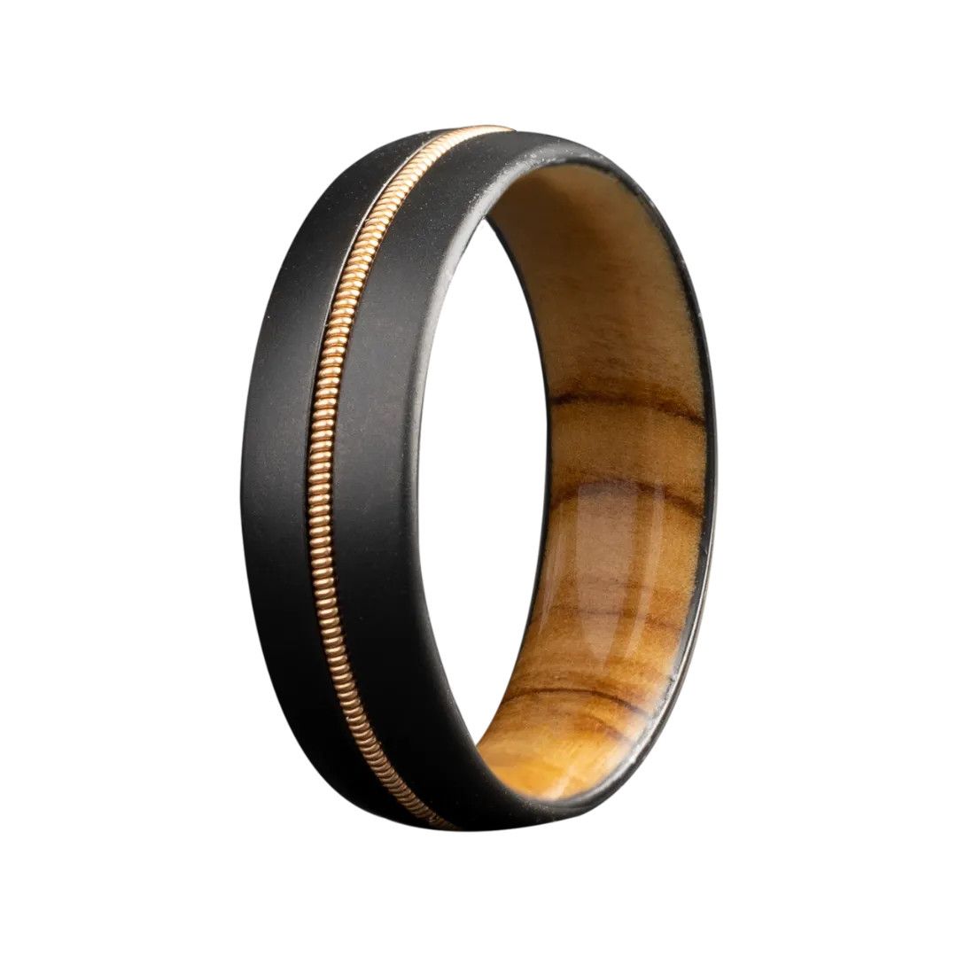 Custom Matte Finish Zirconium Guitar String Inlayed and Olive Wood Interior Sleeve Ring Sz 10