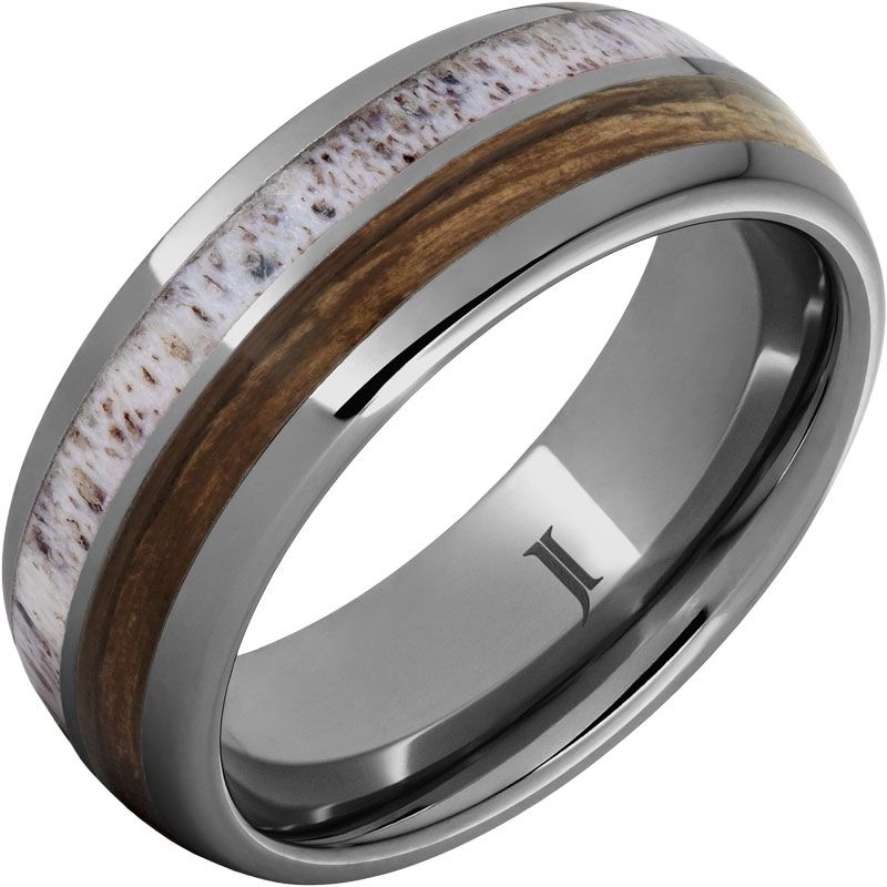 Dome Tungsten Ring with 2mm Antler and 2mm Bourbon Barrel Wood Inlays.  8mm  Sz 10
