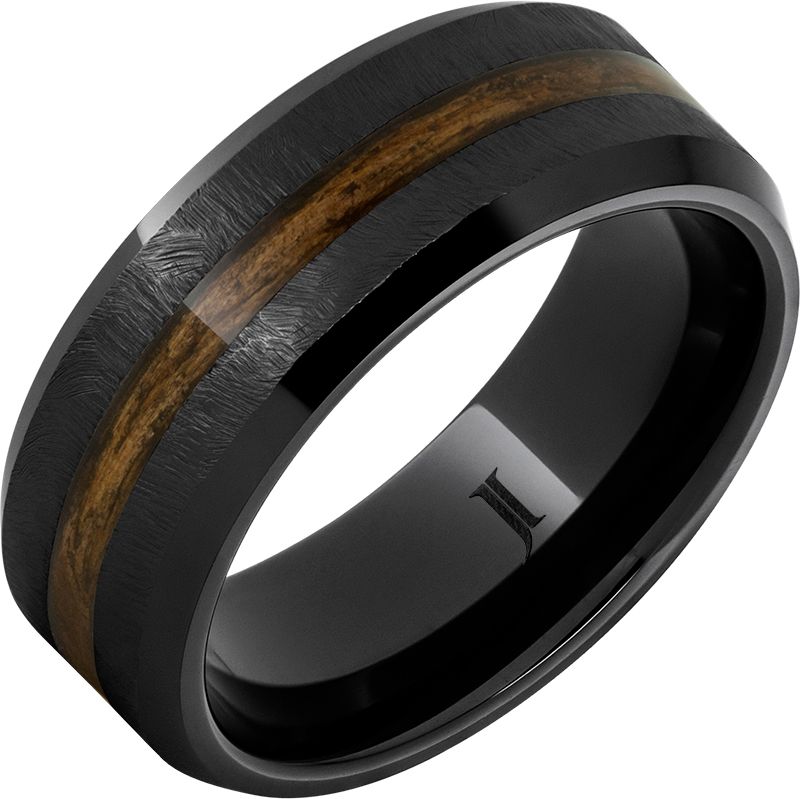 Black Ceramic Ring with Beveled Edge and 2mm Bourbon Grain Barrel Wood Inlay.  8mm wide.  Sz12