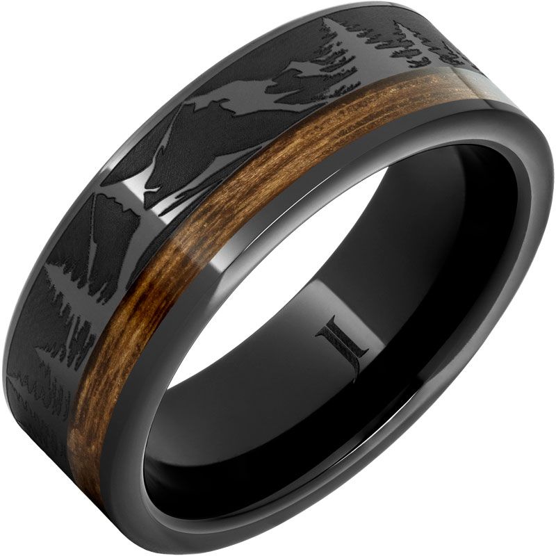 Black Ceramic Flat Ring with 2mm Bourbon Barrel Wood Inlay and Mountain/Pine Engraving.  8mm wide Sz 11