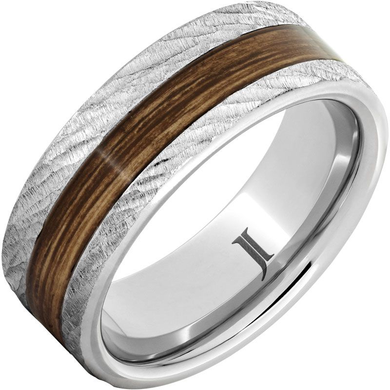 Serinium 8mm Band with 3mm Bourbon Barrel Wood Inlay and Tree Bark Finish Sz 10