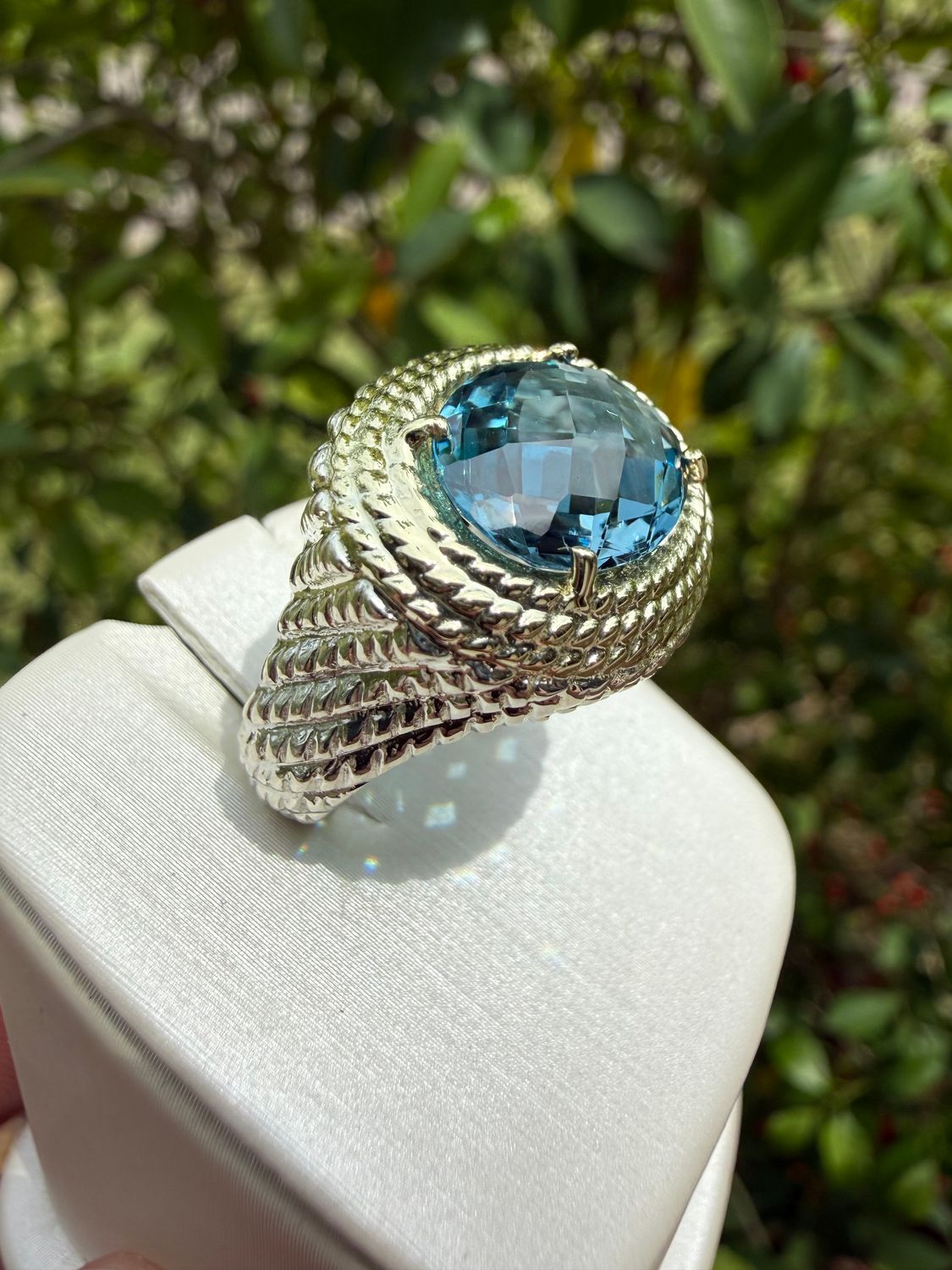 14kt/Sterling Silver Rope Textured Ring with Oval Shape London Blue Topaz Center