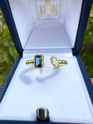 14k Green Gold Open Ring Emerald Cut London Blue Topaz and  0.11ct Marquise Diamond with bead style shank