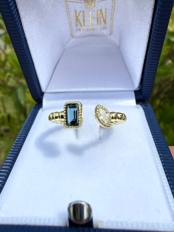 14k Green Gold Open Ring Emerald Cut London Blue Topaz and  0.11ct Marquise Diamond with bead style shank