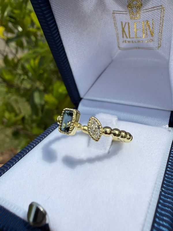 14k Green Gold Open Ring Emerald Cut London Blue Topaz and  0.11ct Marquise Diamond with bead style shank