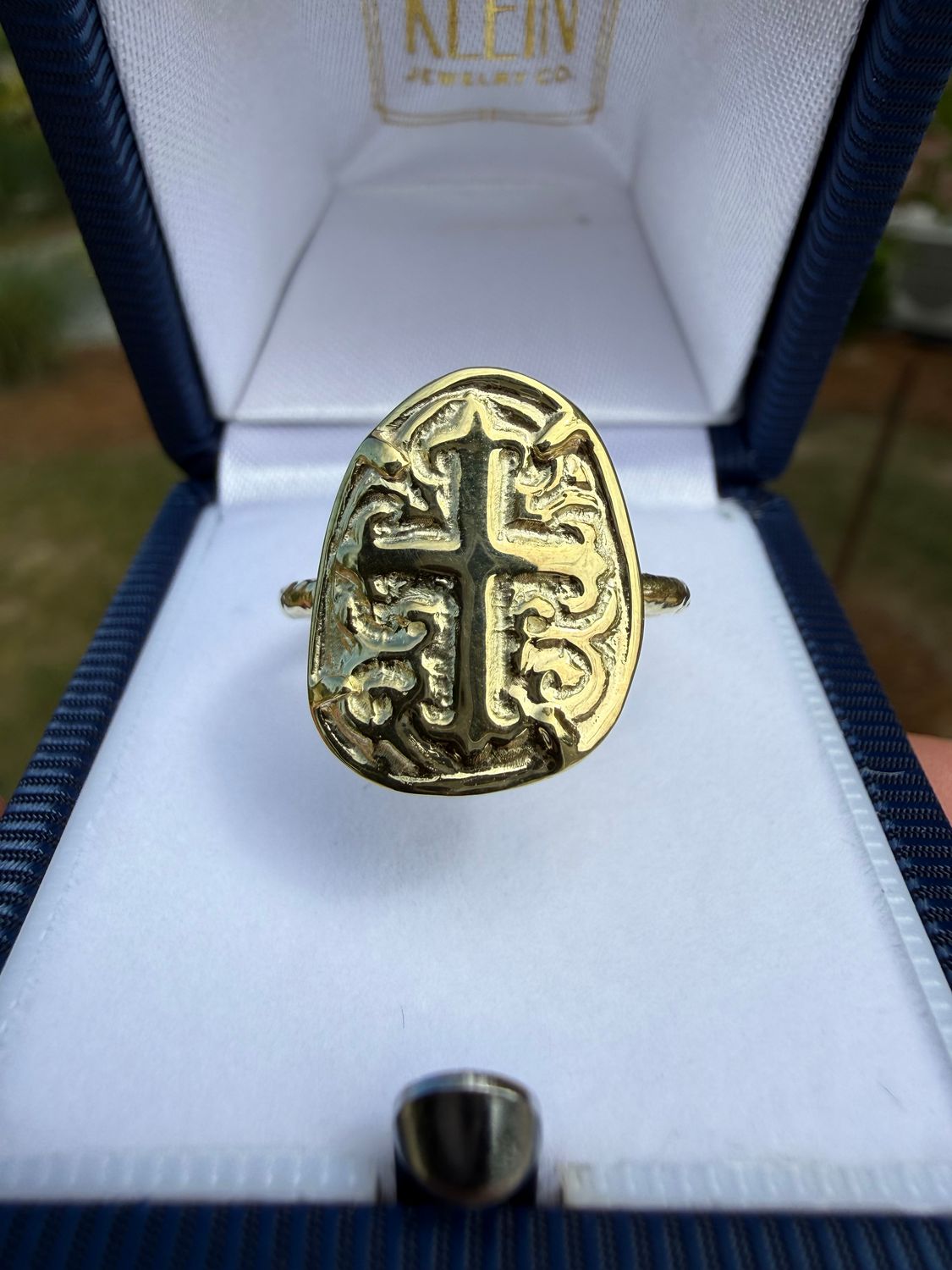 14k Green Gold Shield Cross Ring with hammered shank