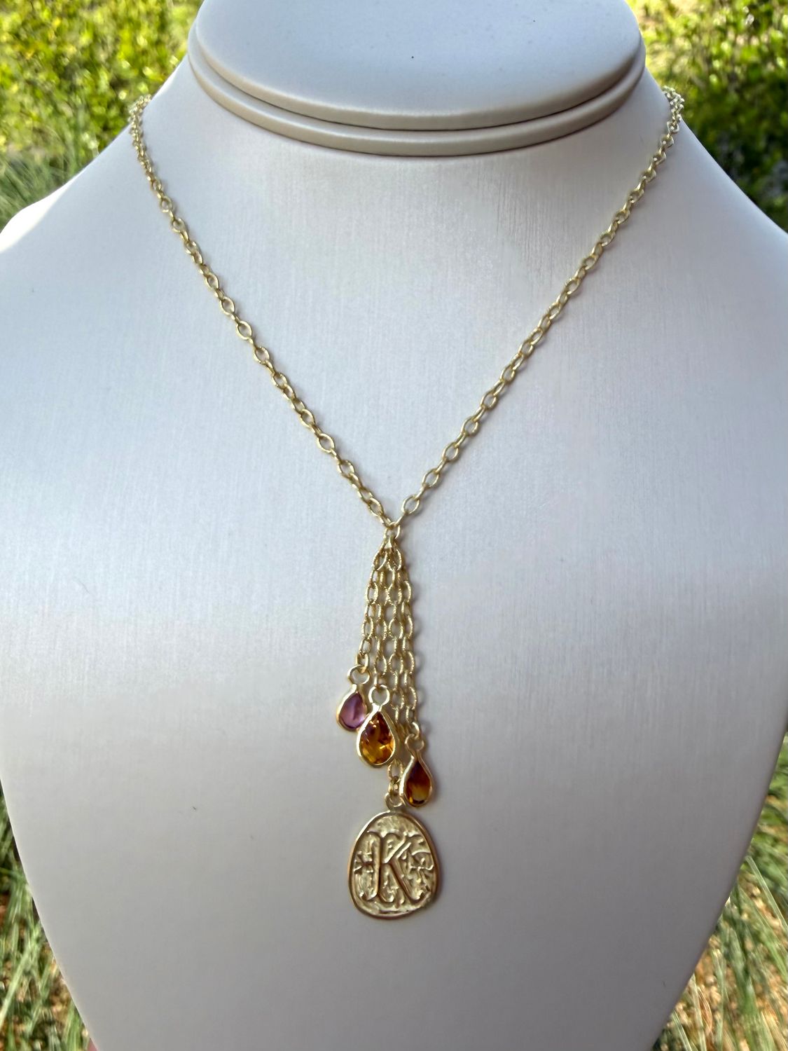 14k Green Gold Customizable Charm Necklace- Letter K Initial Charm, Citrine and Pink Tourmaline