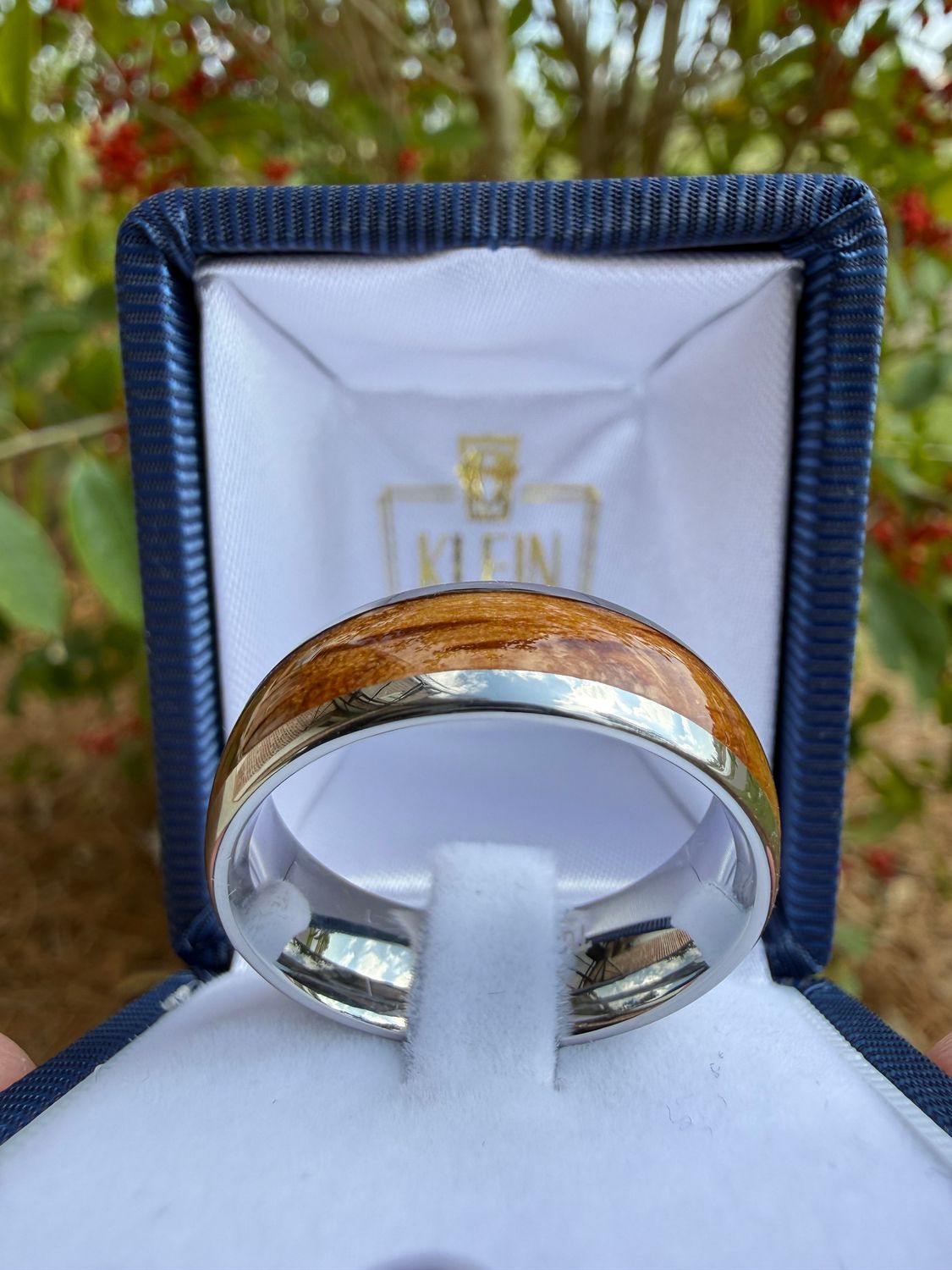 8mm Custom Tungsten Dome Ring with Whiskey Barrel Wood Inlay Sz 11