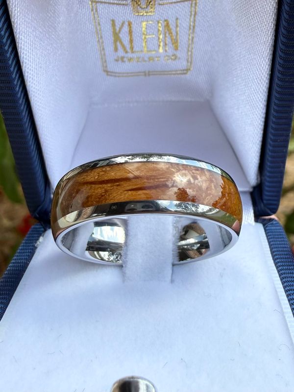 8mm Custom Tungsten Dome Ring with Whiskey Barrel Wood Inlay Sz 11