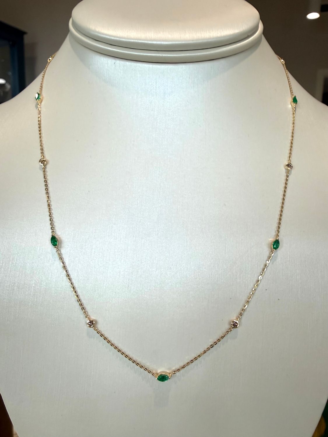 14k Yellow Gold Emerald and Diamond Station Necklace EM:0.40ct Dia:0.16ct 18"