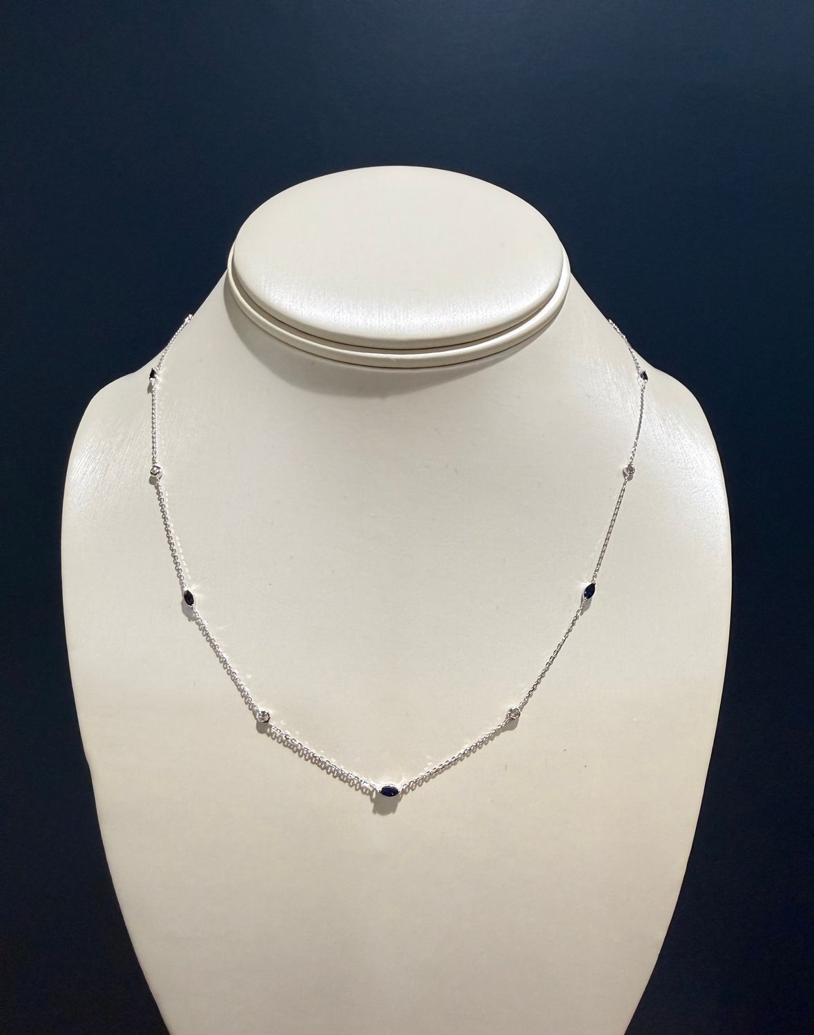 14k White Gold Sapphire and Diamond Station Necklace Dia:0.16ct Sapp:0.45ct