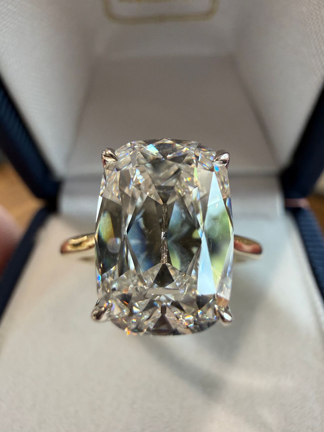 14k Yellow Gold 4.09 ct Elongated Cushion Old Mine Cut Lab Diamond Engagement ring With Cathedral Shank, Tulip Style Mounting And Lab Emerald Accent
