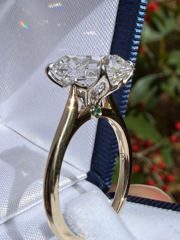 14k Yellow Gold 4.09 ct Elongated Cushion Old Mine Cut Lab Diamond Engagement ring With Cathedral Shank, Tulip Style Mounting And Lab Emerald Accent