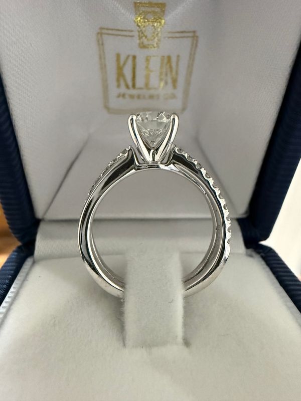 14k White Gold .90 ct GIA I VS2 Round Diamond Solitare Engagement Ring with Interlocking Shank with Diamond Accents.  1.10ctw