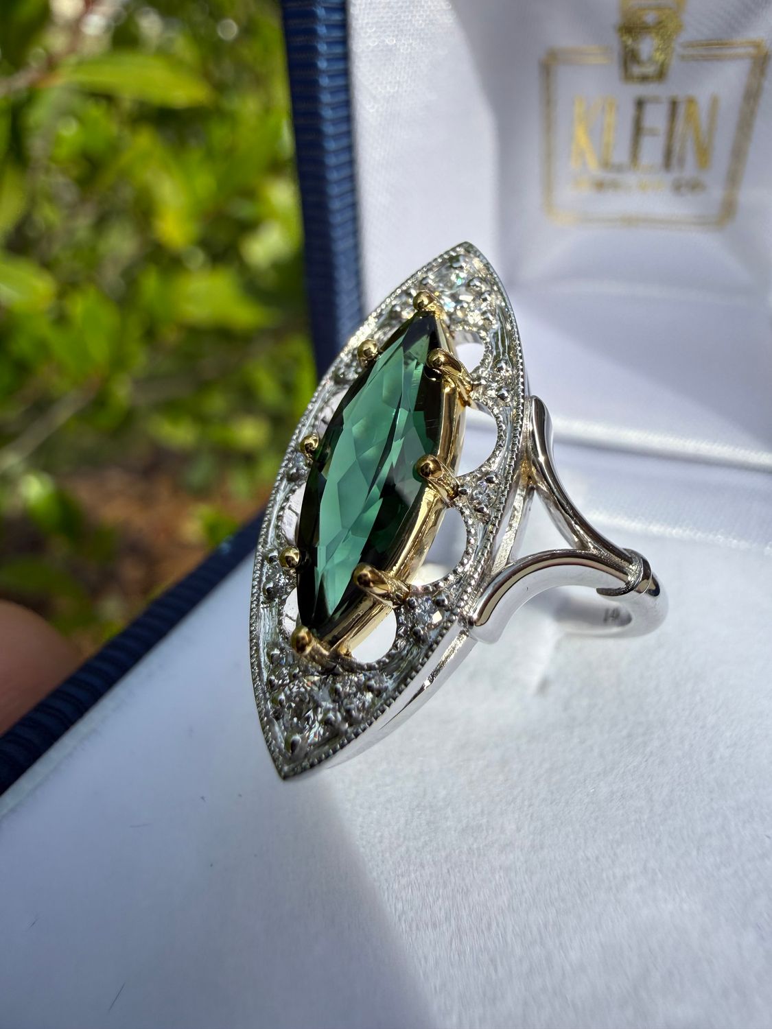 Custom 14k White Gold Marquise 1.11ct Green Tourmaline &amp; Diamond Navette Ring- Victorian Inspired Design Dia: 0.20ctw